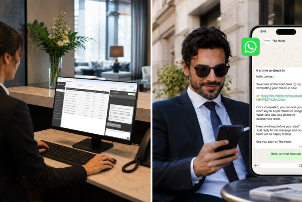 El personal del hotel gestionando las conversaciones de los huéspedes en WhatsApp, SMS y mensajes en la aplicación desde una bandeja de entrada unificada con Nonius Guest Messaging