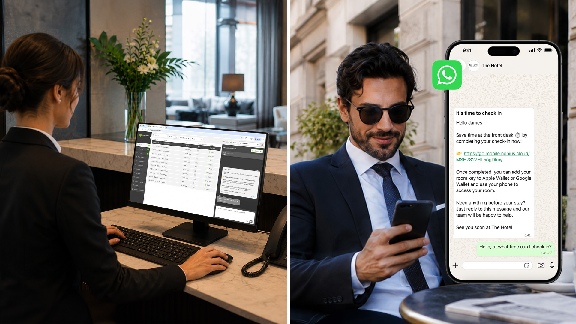El personal del hotel gestionando las conversaciones de los huéspedes en WhatsApp, SMS y mensajes en la aplicación desde una bandeja de entrada unificada con Nonius Guest Messaging